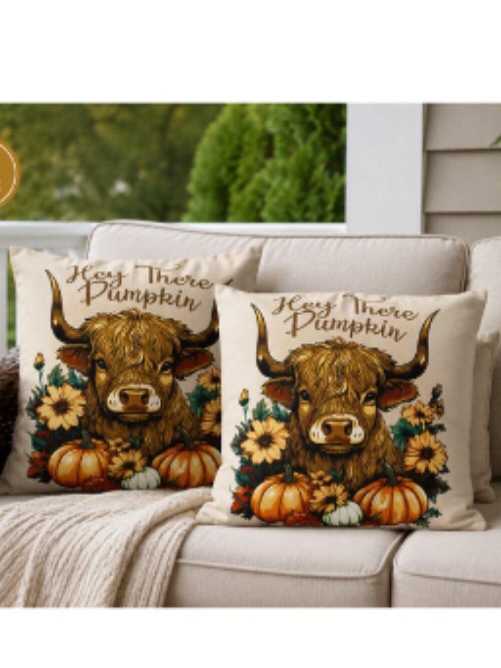 Mainstays Set of 2 Hey There Pumpkin Highland Cow Outdoor Throw Pillows 16x16